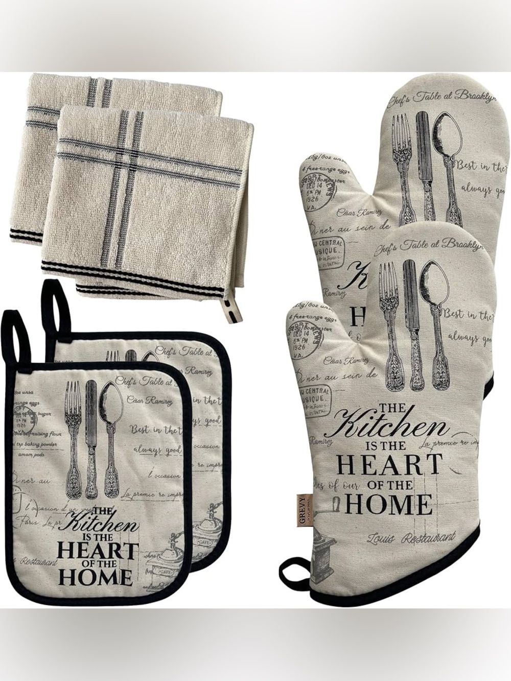 Grevy 1 pair of oven mitts, 2 pot holders and 2 cotton terry tea towels 6 pieces